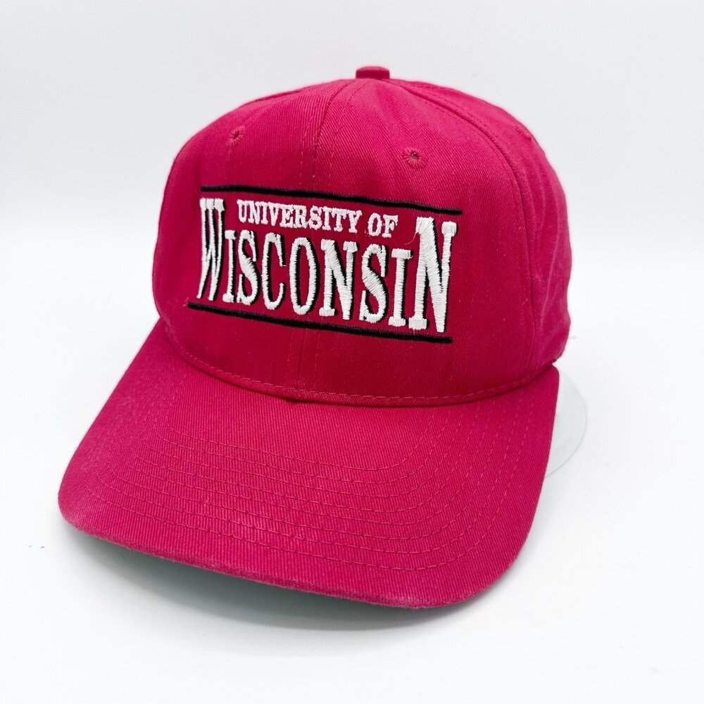 Vintage 90s University Square Wisconsin Badgers Snap Back Hat Red Logo USA Made